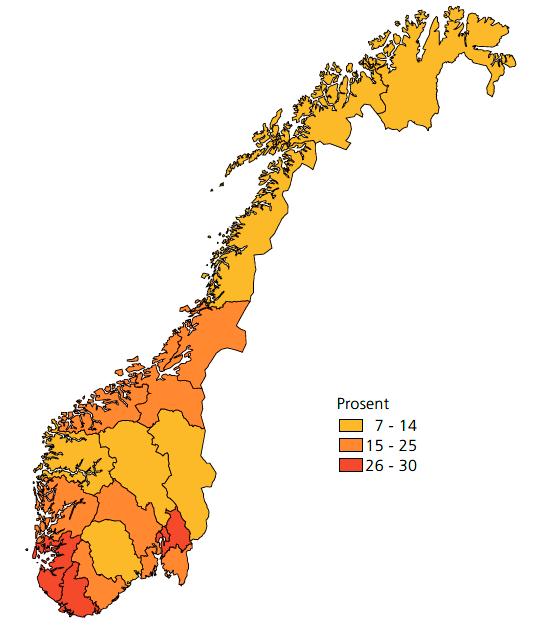 Figur 2.2. Fremskrevet prosentvis vekst i fylker og kommuner 2016-2040, SSBs hovedalternativ MMMM (middel nasjonal vekst) 2). 2) SSB.