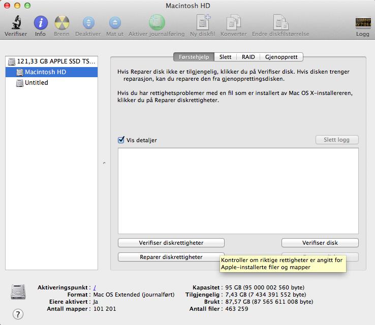 Forsøk å utføre Verify Disk Permissions pa systemdisken (Macintosh HD). Ble det oppdaget noen feil?