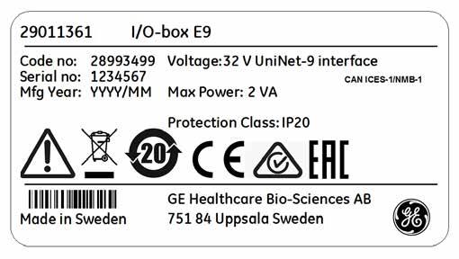 2 Sikkerhetsinstruksjoner 2.2 Merking I/O box E9-instrumentmerke I/O-box-serienummeret er trykt på I/O-box-instrumentetiketten, plassert på baksiden av I/O-box.