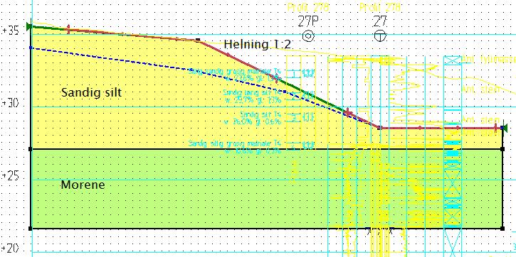 Figur 2 Jordmodell graveskråning 1:2, profil 280 2.1.1 Beregninsparametre Parametere for friksjonsjord er hentet fra håndbok V220 fig. 2.39.