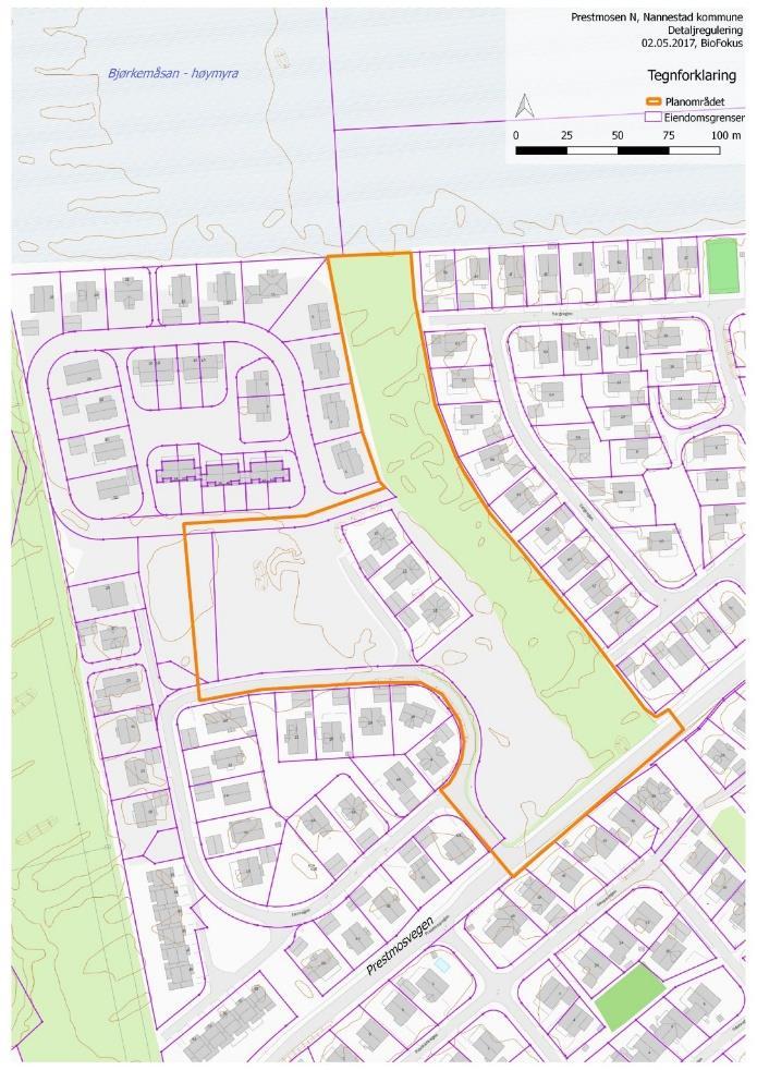 1a 1b Figur 1a og 1b: Planområdet (oransje, heltrukket linje) ved Prestmosen N i Nannestad kommune. Figuren 1a viser kart med eiendomsgrenser, mens fig. 1b viser ortofoto av området.