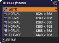 KILDE-meny Punkt OPPLØSNING Beskrivelse Oppløsningen for COMPUTER IN1 og COMPUTER IN2- kildesignaler kan innstilles på denne prosjektoren.