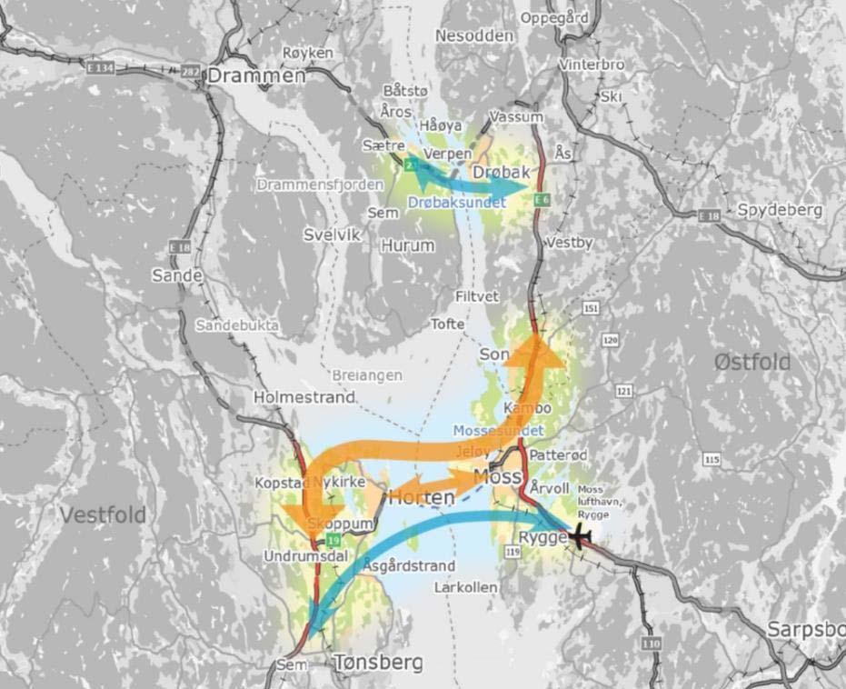 Trafikale virkninger av faste forbindelser Eksempel Moss Horten Transportanalyse med nasjonale og regionale modeller Nye trafikkstrømmer endret rutevalg