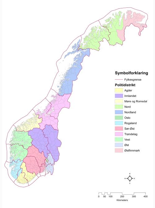 Figur 2.2 Inndeling av politidistrikt fra 1.1.2016 (Prop.