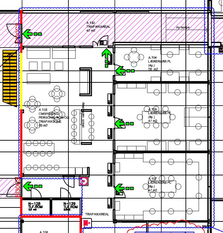 2) Ombygging av personalrom i bygg A plan 1 se utsnitt av