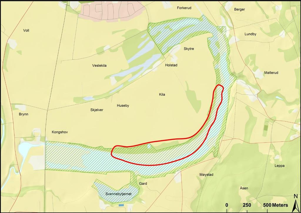 Området er markert med rødt vurderes som godt egnet som beiteområder. Andre arealer kan også være aktuelle. Tiltak Ved rydding av strandsona bør fortrinnsvis trollhegg og enkelte Salix-arter fjernes.