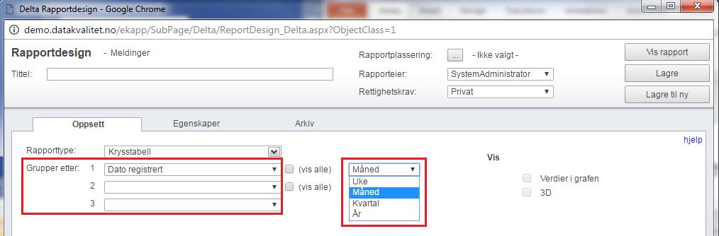 Gruppering Rapportdesign Velg gruppering Her velger du hvilket perspektiv du ønsker på rapporten På en grafisk rapport vil dette svare til aksen og legend i rapporten På en datarapport vil dette være