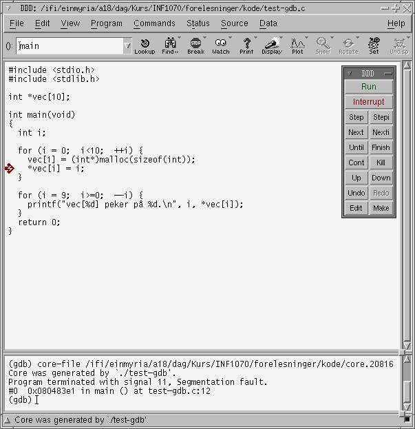 Et program med feil Følgende program prøver å ❶ sette opp en vektor med 10 pekere til heltall, ❷ sette inn tallene 0 9 og ❸ skrive ut tallene. #include <stdio.h> #include <stdlib.