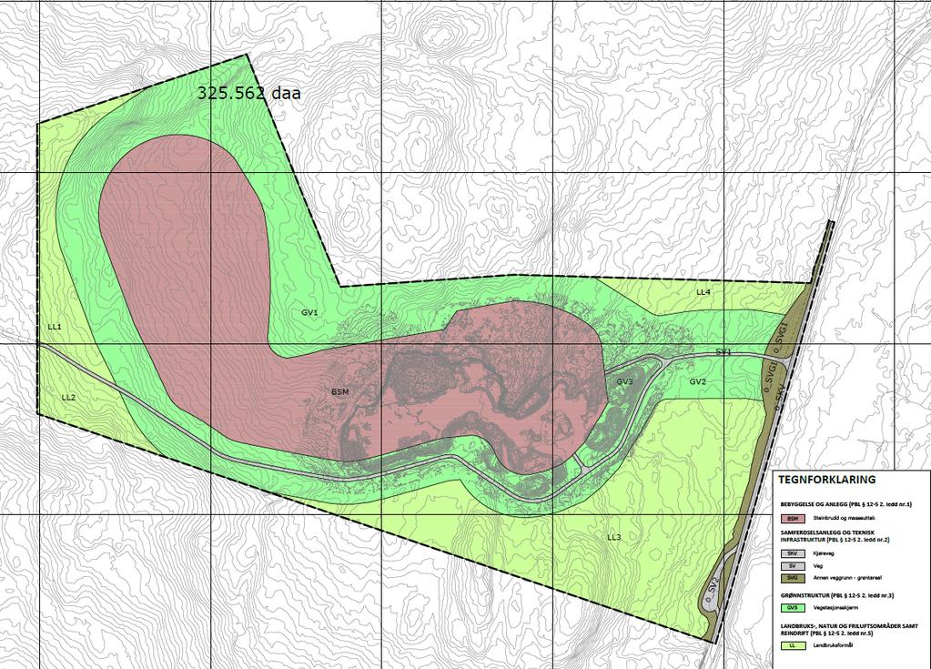 Reguleringsformålene er steinbrudd og massetak, vegetasjonsskjerm, landbruksformål og samferdselsanlegg.