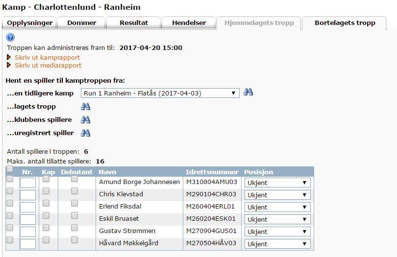 Dersom du benytter spiller som ikke er i lagets tropp kan du søke opp spilleren blant «klubbens spillere» og legge han/hun til derfra.