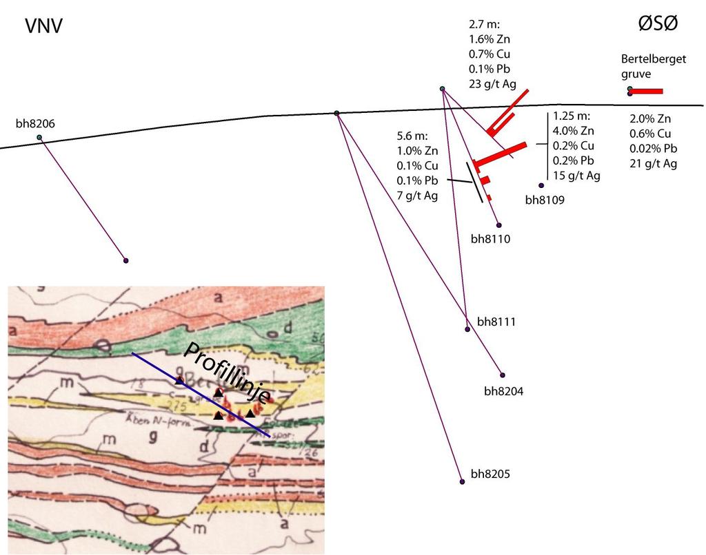 Figur 29: Vertikalprofil gjennom Bertelberget som viser projiserte borhull og analyseverdiene. Gjennomsnitt for prøver tatt fra gruva er også vist. 3.