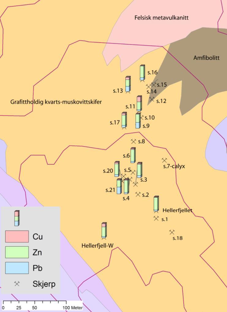 Som Figur 30 viser er det ingen tegn til metallsonering i de 200 m med utgående til forekomsten.