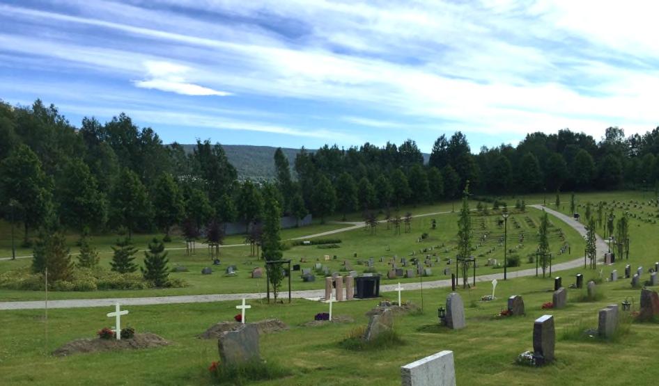 49 av 108 Figur 31: Mjøndalen gravlund sett mot kanten av kirkegården mot nord. Fremtidig skjæring vil kunne innsnevre kirkegårdsarealet med mindre det iverksettes avbøtende tiltak.