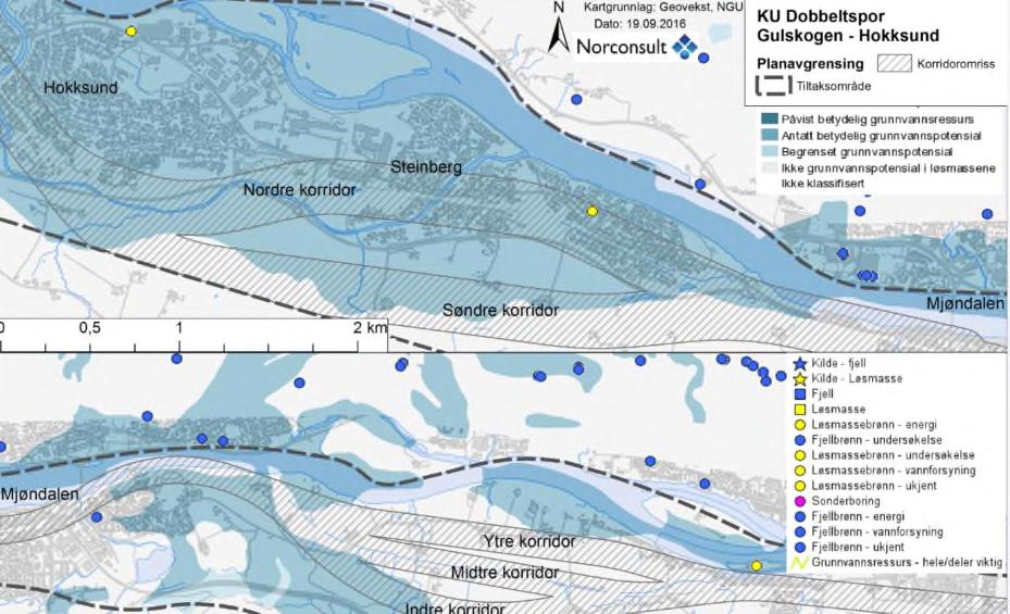 59 av 108 Figur 37: Grunnvannspotensial for områder som vil bli berørt av dobbeltspor Gulskogens. Punktene angir energibrønner (gul) og grunnvannsbrønner (blå). Kilde: NGU.
