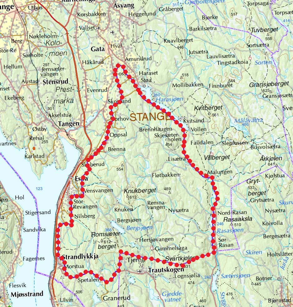 3 BESKRIVELSE AV KARTOMRÅDET 3.1 Oversikt Kartområdet er 158 km 2 og ligger i Stange kommune sør i Hedmark fylke, i åsene på østsida av Mjøsa, øst til riksveg 24 mellom Stange og Odalen.