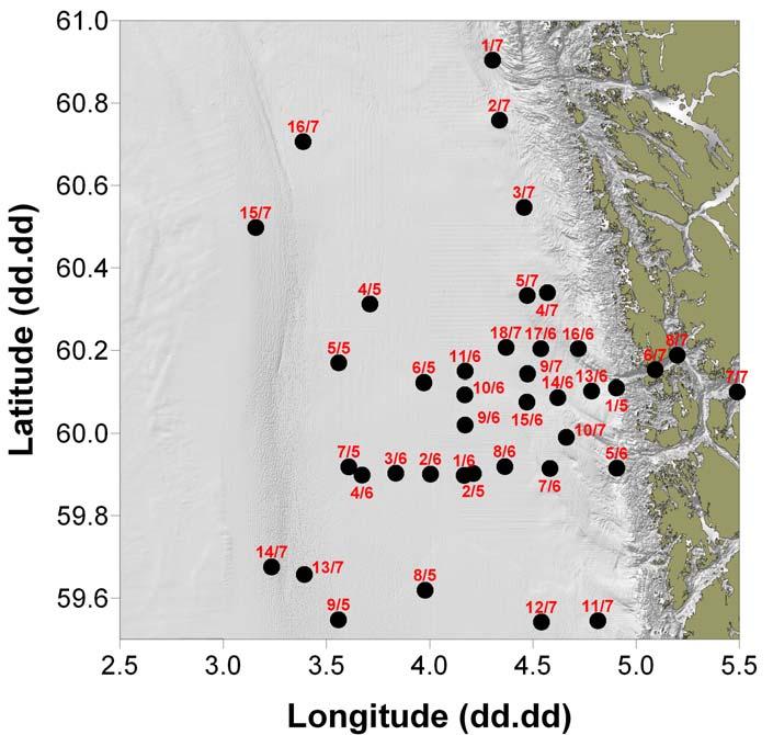 Figur 2.3 Posisjoner til kjerneprøvene tatt av FFI i Forsvarets øvingsfelt i nordlige Nordsjøen i perioden 2005 2007.