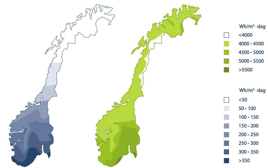 For Oslo er den største årlege innstrålinga 1149 kwh/m 2 på ei flate med hellingsvinkel 30 (typisk plassert på eit tak) vendt mot sør.