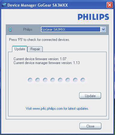 5 Oppdatere fastvaren gjennom Philips Device Manager 2 Start Philips Device Manager. En dialogboks vises. 3 Koble MINIDOT/FITDOT til PCen. Når enheten er tilkoblet, vises SA5DOTXX på tekstboksen.