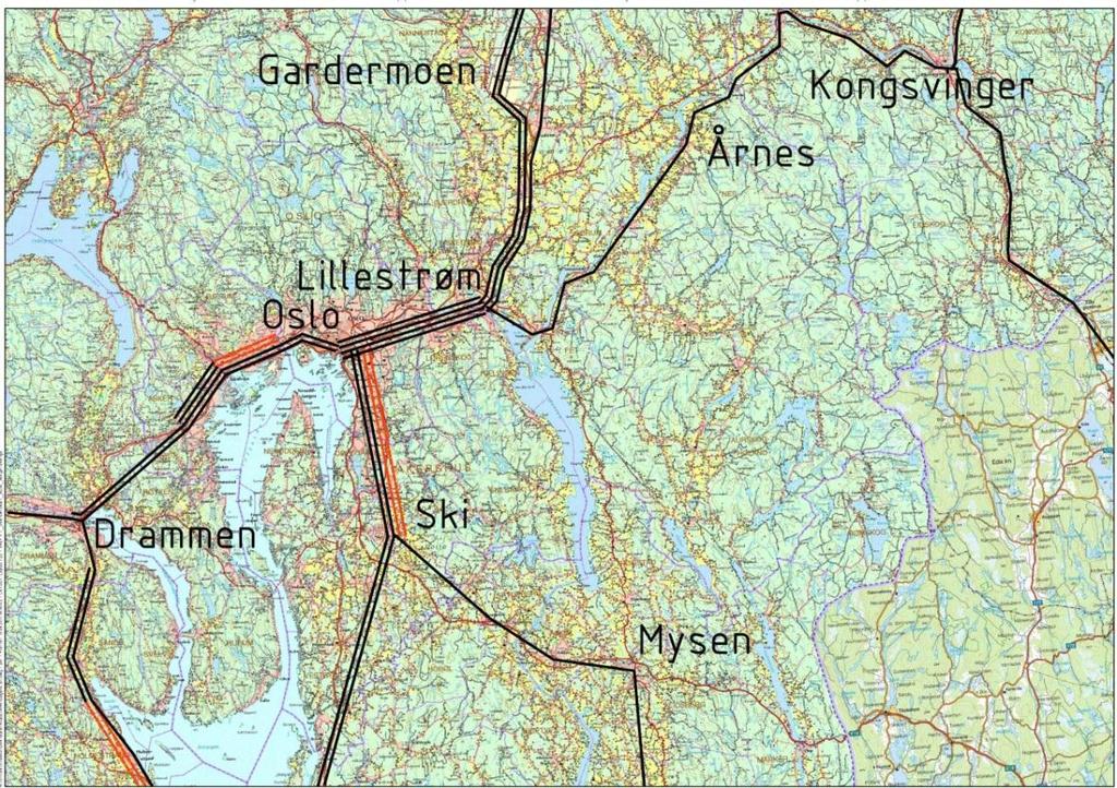 Eksisterende infrastruktur i korridor Øst Eksisterende og nye baner: Eksisterende spor har ofte dårlig kurvatur og teknisk standard. I tillegg er det stedvis dårlig kapasitet.