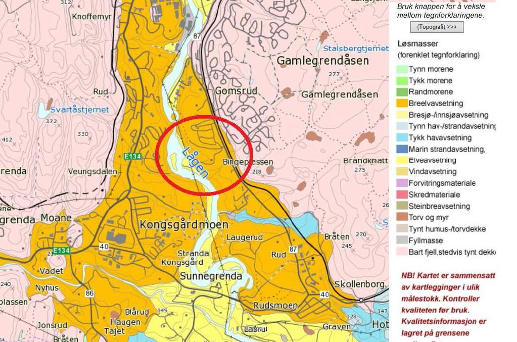 REGULERINGSPLAN BINGEPLASS KONGSBERG 9 Figur 2: utsnitt fra NGU løsmassekart. Reguleringsområdet er markert med rød sirkel. mørk gul farge indikerer breelvavsetninger 3.