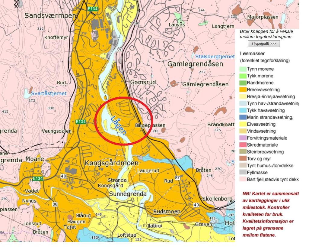 8 BINGEPPLASS Figure 1: Utsnitt fra NGU løsmassekart. Reguleringsområde markert med rød sirkel.