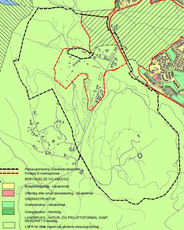 Kommuneplanens arealdel 2012 2024 (vedtatt 21.3.2013): Hele området er vist som landbruk-, natur- og friluftsformål (LNFR) i kommuneplanens arealdel.