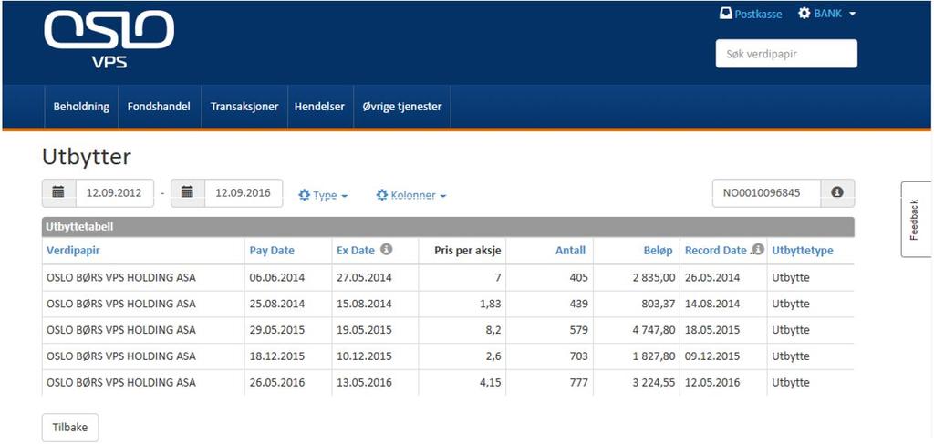 7 Utbyttehistorikk I beholdningsoversikten er utbytter vist som en beregnet aggregert sum, og ved å klikke på beløpet i utbytte-kolonnen vil investoren