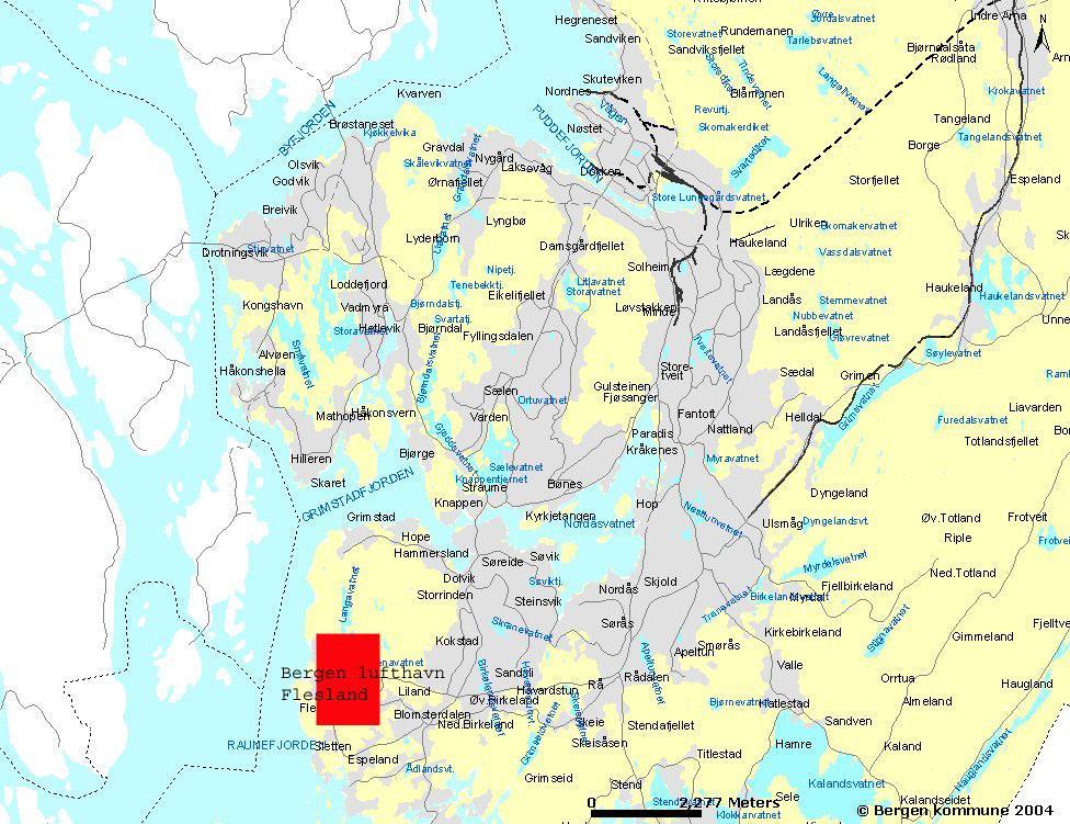 7 BESKRIVELSE AV PLANOMRÅDET 7.1 Beliggenhet Bergen lufthavn, Flesland ligger i Bergen kommune ca. 17 km sørvest for Bergen sentrum. Det samlede planområdet er på ca.