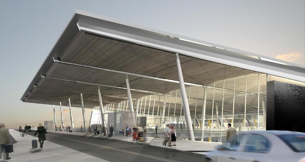 Ny terminal, Øvre trafikkforplass Østfasaden i sentralbygningen er terminalens utstillingsvindu mot landside. Her møter passasjerer som skal ut å fly terminalen.