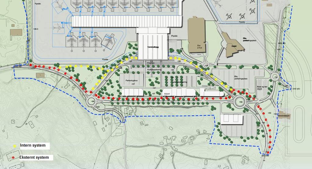 Gang/ sykkelveier Gang/ sykkelvei-systemet som er under bygging nord for Flyplassveien, kobles på: - et internt system på flyplassen - et eksternt system som følger ny fylkesvei.