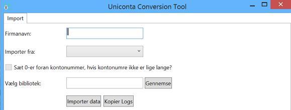 Angi firmanavnet, som skal benyttes i Uniconta. Importer fra: C5 eller e-conomic. Sett markering, hvis du vil ha foranstilte 0 er på finans-kontonumrene.