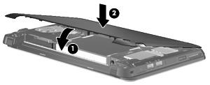 3. Drei den fremre kanten (1) på pyntedekselet ned, og press deretter pyntedekselet bestemt ned på datamaskinens kabinett til det smekker på plass (2). 4. Sett batteriet tilbake på plass.