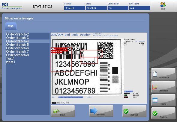 9.2.3 Vis Feilbilder Illustrasjon: Statistikk > Vis feilbilder I denne menyen kan du se bilder fra Smart Camera, som har ført til en feilanalyse. 9.2.4 Databasestatistikk Illustrasjon: Statistikk >