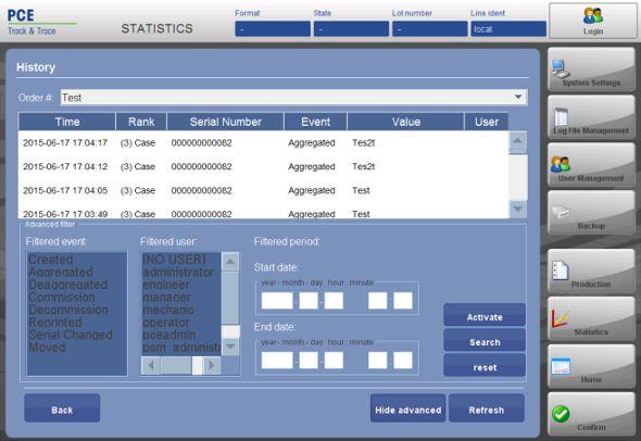 9.2.5.2 Ordrevisning Sporingsvisningen for produksjonsserienummer finnes i statistikkmenyen (Statistikk > Historikk). Den viser den komplette historikken til en ordre.