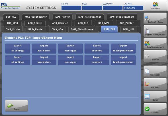 Skjermen ser ut som følger: Systeminnstillinger > rediger apparatinnstillinger > (velg PLC) Trykk Import/eksport.