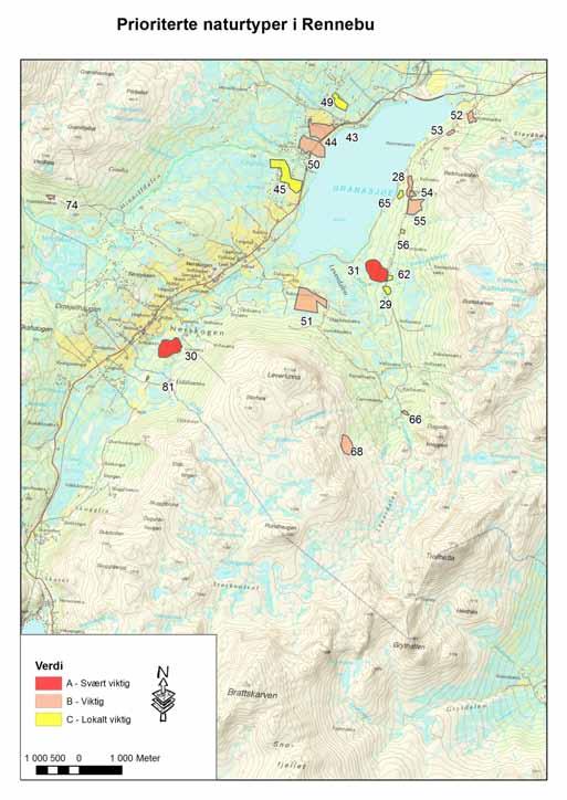 Figur 4.3-4.7 Prioriterte naturtypelokaliteter i Rennebu kommune på basis av naturtypekartleggingen i 2008-2010. Fargen angir lokalitetenes verdi.