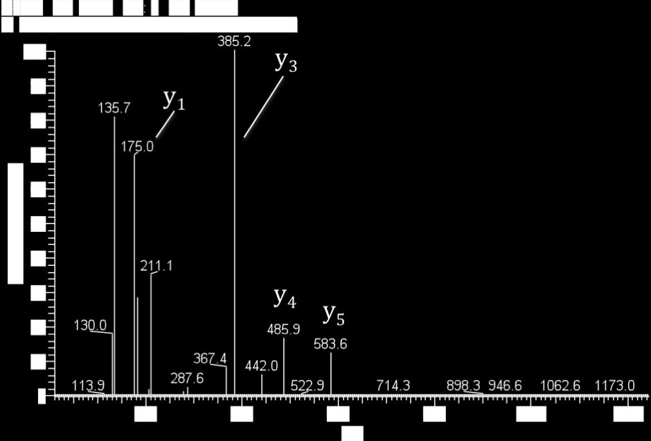 77 Figur 6-13: MS/MS-spektrum fra QqQ for αt2. Fragmentioner er tegnet inn. Fragmentspektrene ble sammenlignet opp mot sekvensdata fra ProteinProspector (5.