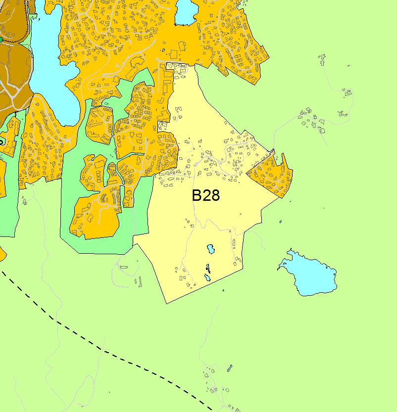 B28 Nøttveit Fana Gnr 49 bnr 1, 6 m.fl 1:10000 Kort beskrivelse Område B28 er på 514 daa og inneholder ca 65 eneboliger. Deler av området er regulert.