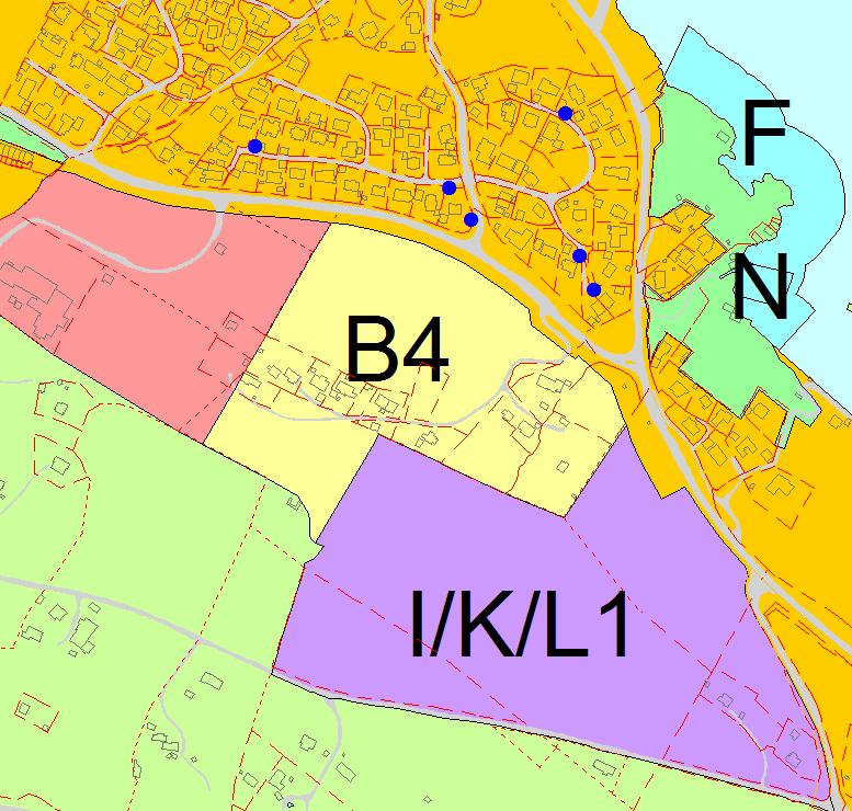 B4 Åsane Gnr 174 Bnr 1, 5, 13, 21, 22, 24, 25, 34, 35, 36, 38, 41, 42, 43, 52, 53 1:4000 Kort beskrivelse Område B4 er på om lag 69 daa og inneholder 6 eneboliger og 2 to-mannsboliger.