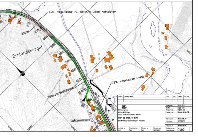 Denne rundkøyringa vil ha armar mot lokalvegnett på begge sider av E39, samt ei arm for ny E39 vidare med 80 km/t mot Pinndalen og Soleide/Moskog.