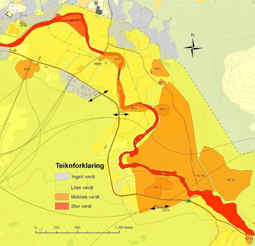 Avbøtande tiltak Viltgjerde kan være eit aktuelt tiltak. Figur 35 Dei største verdiane for naturmiljø i planområdet er samla langs Jølstra mellom Sunde bru og Hafstad. 5.4.