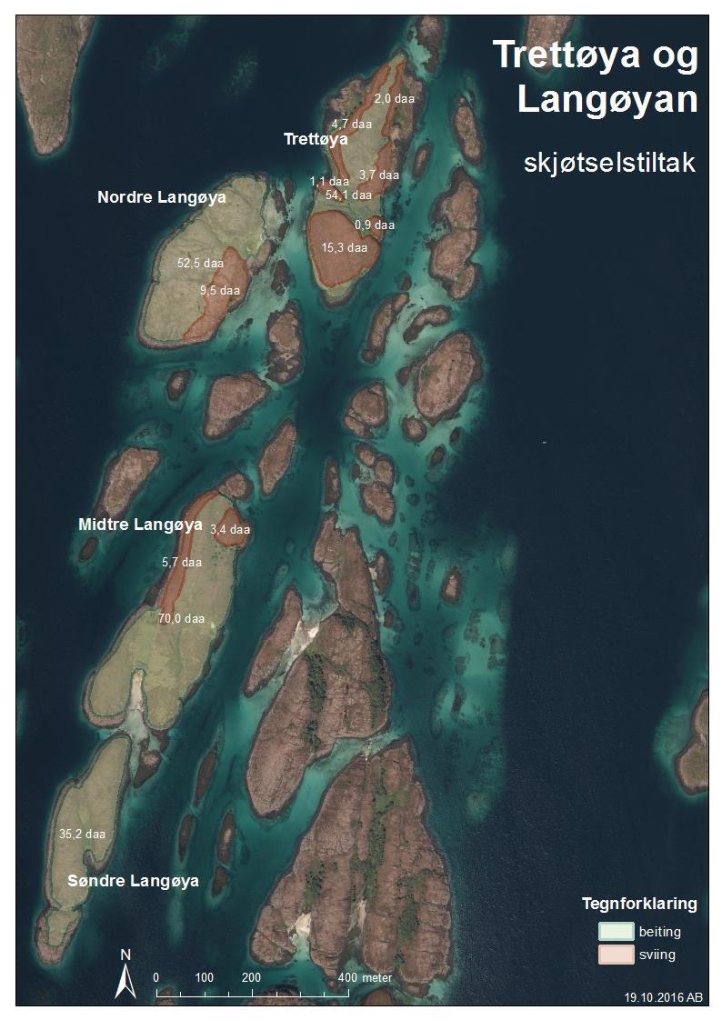 Kart 2: Skjøtselstiltak for Trettøya, Nordre, Midtre og Søndre