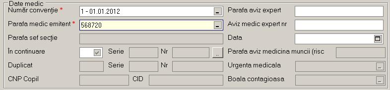 5.1.9.1.1 Zona Date medic Zona date medic are urmatoarele campuri: - Numar conventie; Figura 5.1.9-5 Zona Date medic - Urgenta medicala; campul