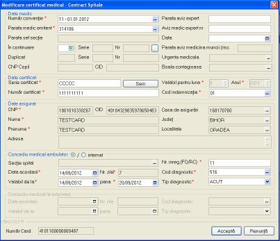 Figura 5.1.9-22 Fereastra Duplicare certificat medical 5. Se introduce obligatoriu numarul si seria certificatului duplicat. Data acordarii certificatului va fi data curenta.