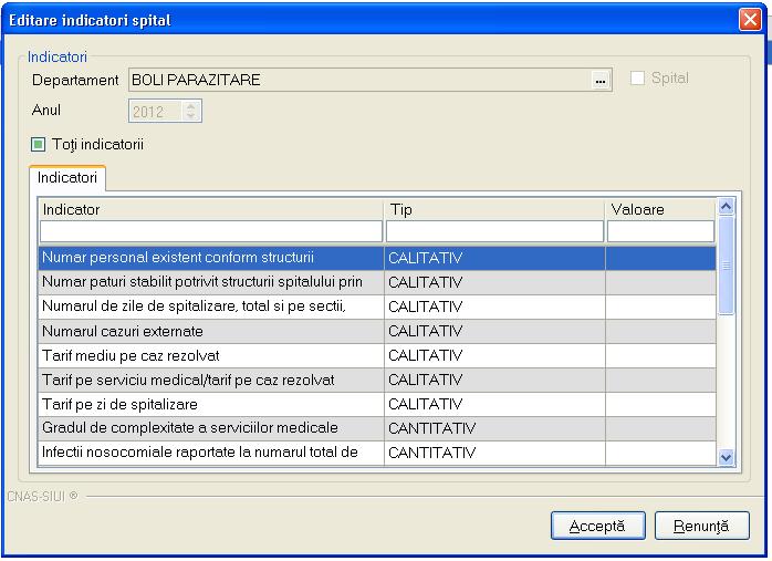 Figura 5.1.10-6 Modificare indicatori spital tabpage indicatori Fereastra afiseaza toti indicatorii, doar indicatorii cu valori sau doar indicatorii fara valori, in functie de selectia Utilizatorului.