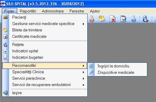 Figura 5.1.12-1 Lansarea modulului Ingrijiri la domiciliu Sistemul afiseaza fereastra Recomandari ingrijire la domiciliu in mod de vizualizare a listei recomandarilor de ingrijiri la domiciliu.