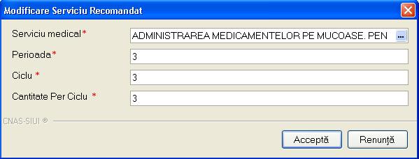 se poate modifica serviciul recomandat: Utilizatorul activeaza butonul modifica pentru a schimba un element inregistrat in foaia de serviciu recomandat.