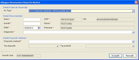momentul respectiv ; se pot vizualiza campurile numar fisa, numar recomandare,serie recomandare, data recomandare, tip dispozitiv, tip proteza, CNP, nume, prenume, diaognostic principal, dispozitiv