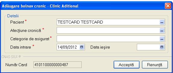 Sistemul deschide fereastra Adaugare bolnav cronic, pentru pacientul selectat. Figura 5.1.