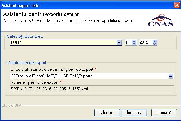 Sistemul deschide Asistentul pentru exportul datelor. Raportarea se efectueaza pentru intreaga luna. Utilizatorul selecteaza perioada de raportare: LUNA, luna pentru care se face raportarea si anul.